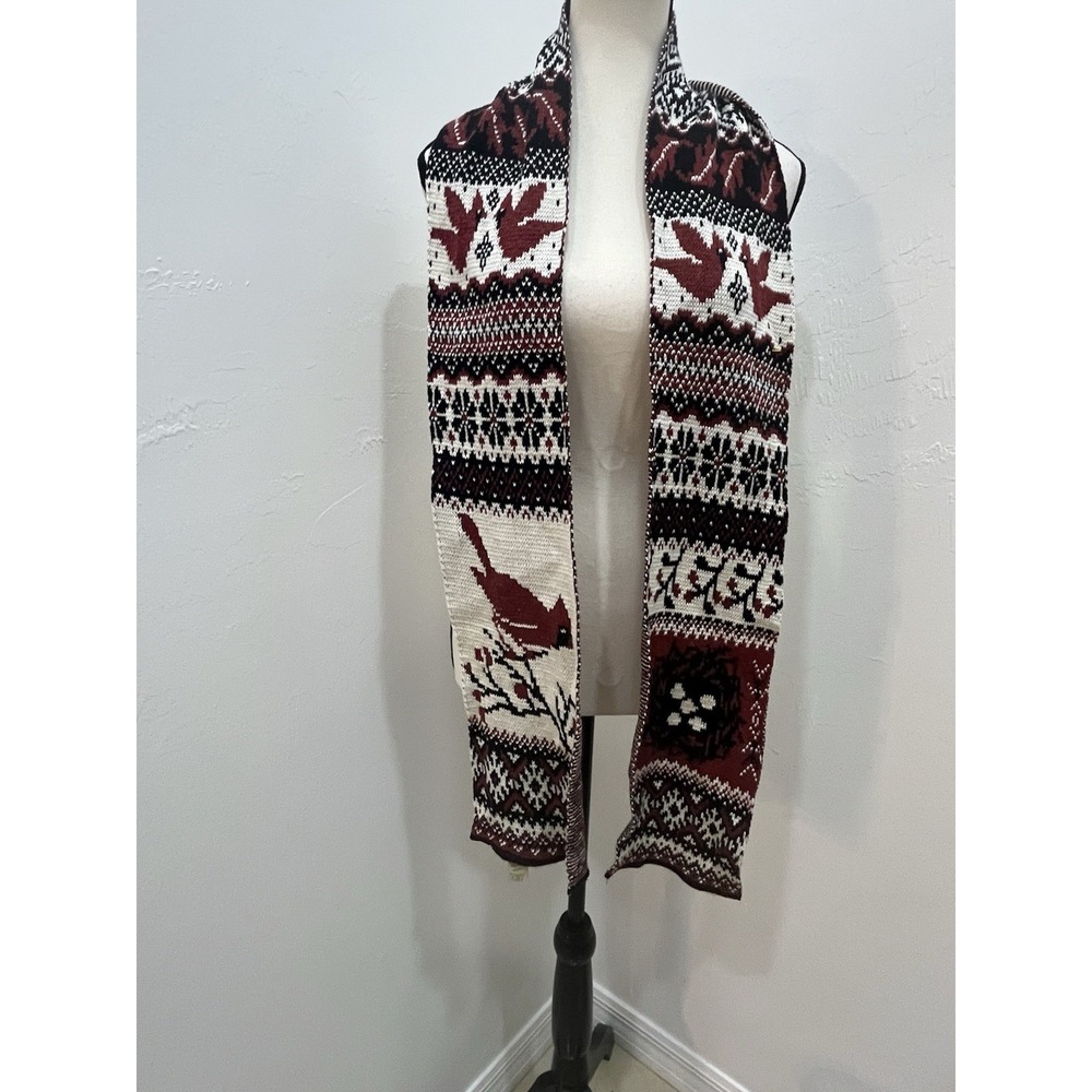 Green 3 Cardinal Bird Knit Scarf Burgundy Black Fair Isle Made in USA Cotton
